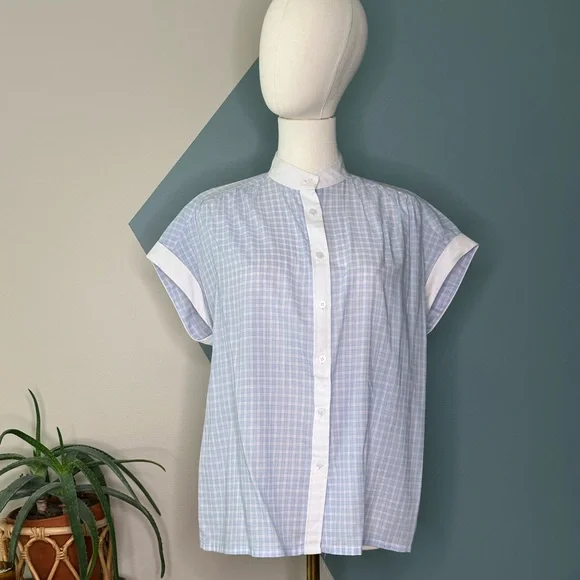 Vintage C&A Blue Checkered Blouse Mandarin Collar Short Sleeve ButtonDown Top 14 - Picture 2 of 9